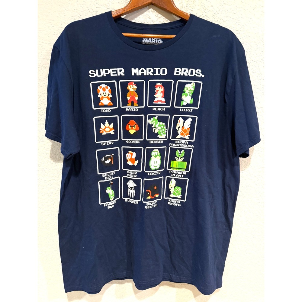 Super Mario Bros Tee T-Shirt Mens 2XL 16 Character Pixel Grid Boxes Graphic